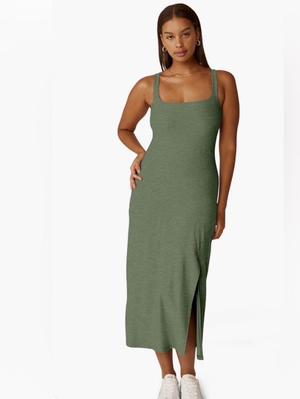 Beyond Yoga Getaway Dress Midi Side Slit High Back Scoop Neck Green Soft Knit